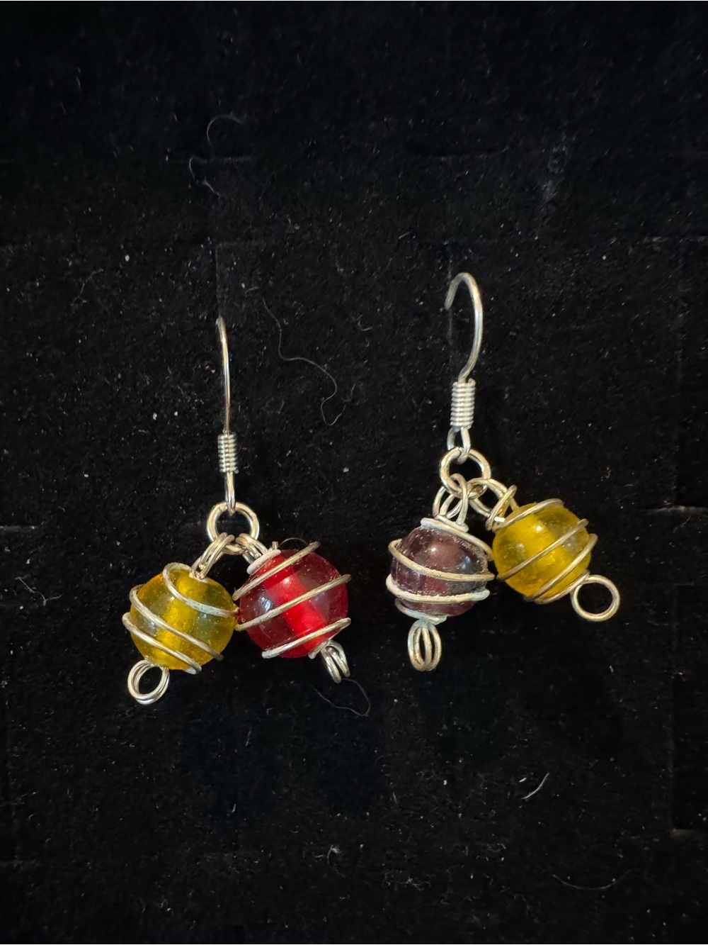 Handmade Colorful Glass Bead Dangle Earrings Silver Tone Wire Wrapped